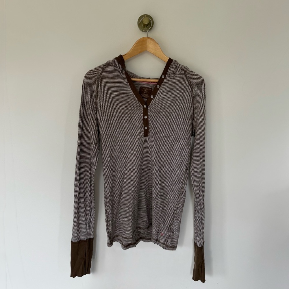 Y2K American Eagle Hooded Striped Long Sleeve Henley Shirt